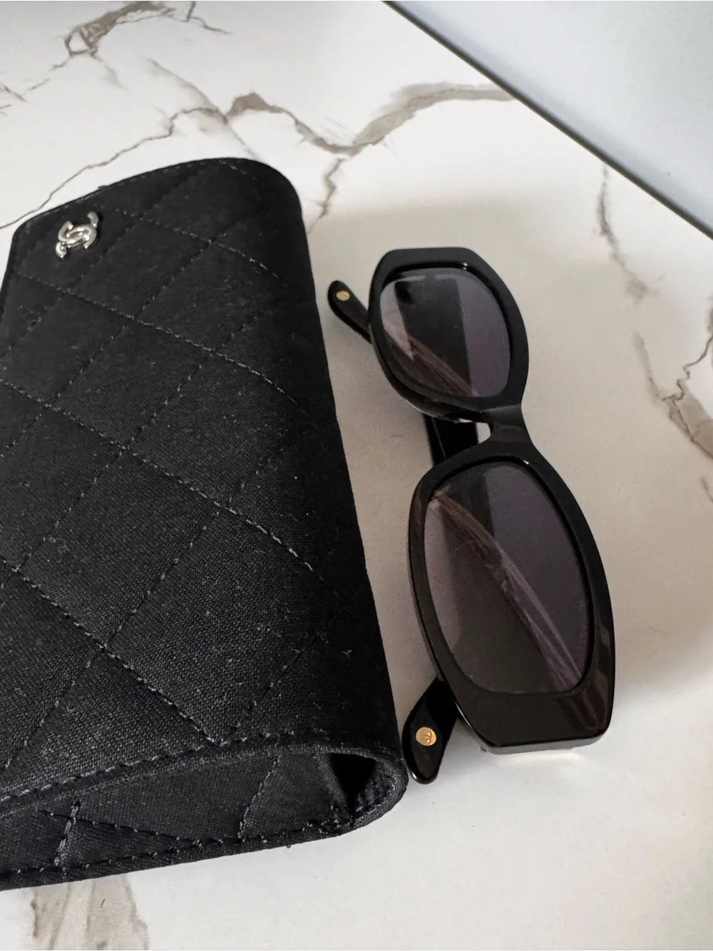 Chanel gold logo Black Rectangular Sunglasses - Classic Women Accessories